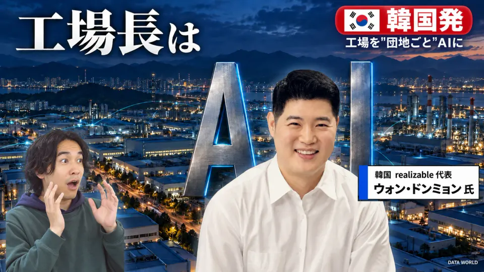 工場長はAI。夕暮れの工業団地を光の線が結ぶなか、金属の大きな文字「A」と「I」のあいだで笑顔を見せる韓国realizable代表のウォン・ドンミョン氏と、左で両手を上げて驚くDATA TIMES編集長の小笠原海人。右上に韓国の国旗と「韓国発」「工場を団地ごとAIに」の文字。